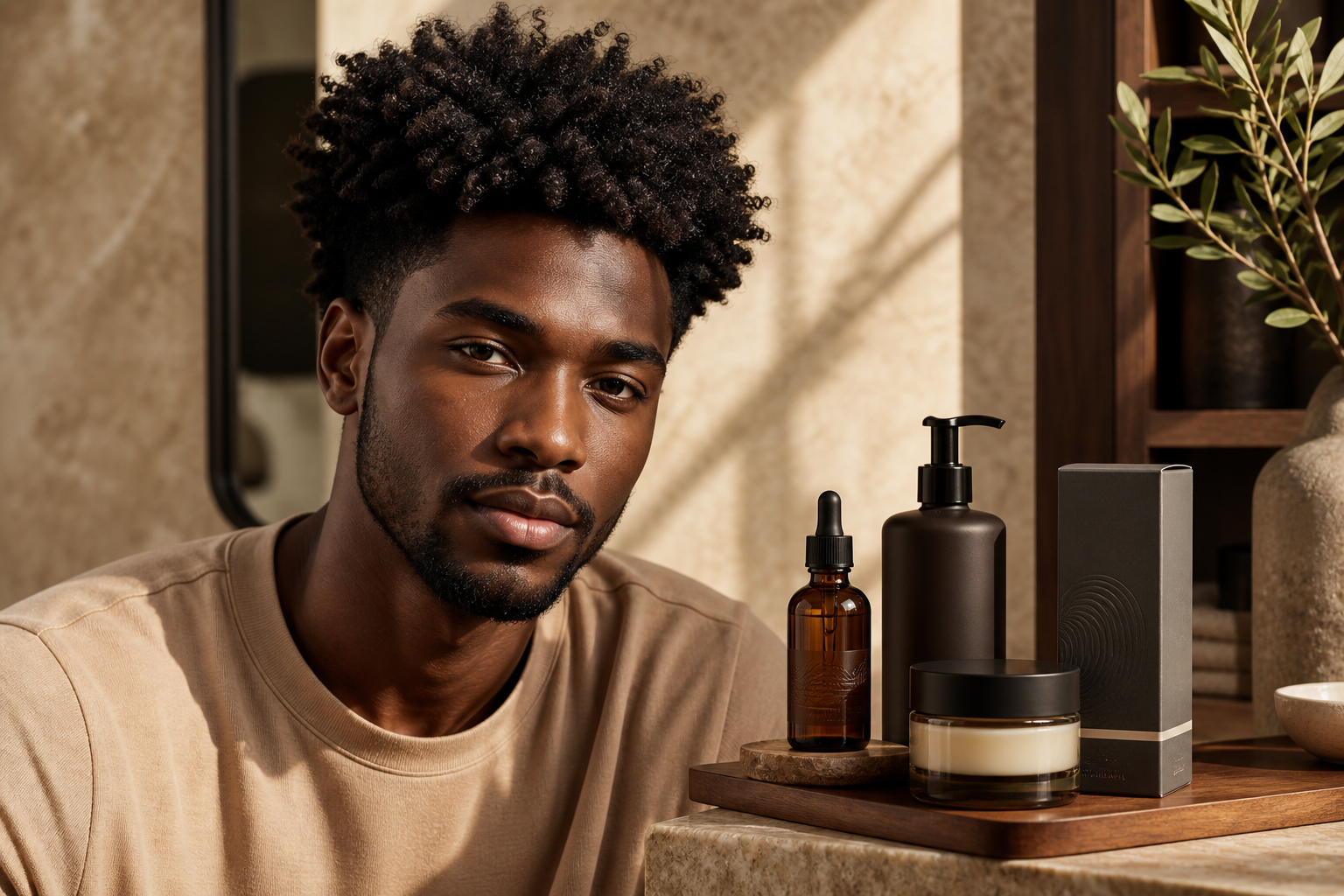 Crown Theory Grooming concept with a well-groomed man and premium scalp-care products